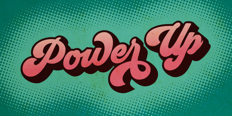 Green banner with pink "Power Up" text