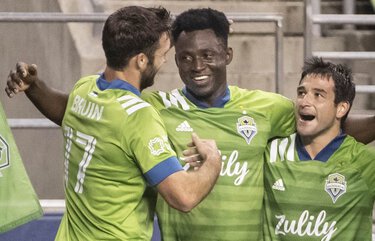 Yeimar Gomez celebrates his second half goal with his Sounders teammates Wednesday night.  Real Salt Lake played the Seattle Sounders FC in MLS action Wednesday, October 7, 2020 at CenturyLink Field in Seattle, WA.