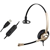 One Ear Headphones with Microphone Noise Cancelling, USB Headset with Volume Control and Mic Mute for PC Laptop Tablet, 330 Degree Boom Mic for Right/Left Ear