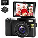 Digital Camera Vlogging Camera with YouTube 30MP Full HD 2.7K Vlog Camera with Flip Screen 180° Rotation with 32GB Memory Card and 2 Batteries