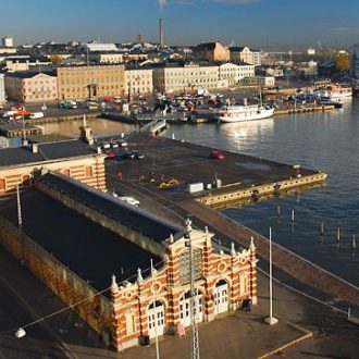 An aerial view of Helsinki South Harbour and Old Market Hall.