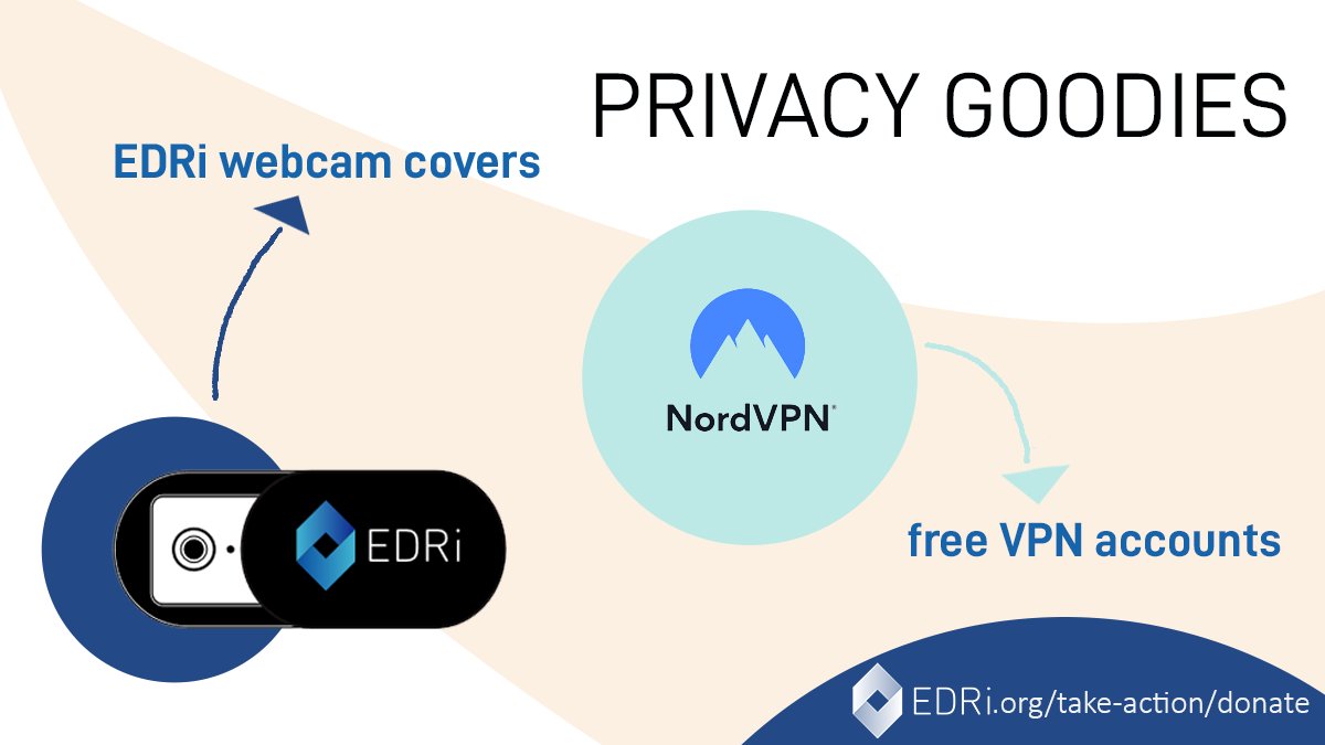 The image shows the privacy goodies EDRi gives to donors when they choose one of the two plans mentioned above. On the right side, there is the black EDRi webcam cover with EDRi blue logo. In the middle, there is the NordVPN logo which is a transparent mountain on a blue background. On the bottom right, there is the donation link to EDRi page: https://edri.org/take-action/donate/