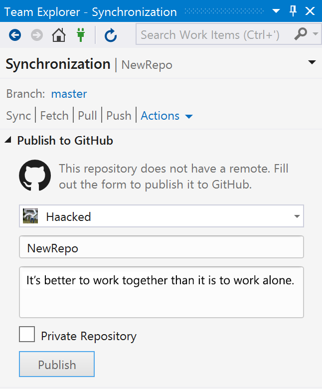 Publish to GitHub screenshot