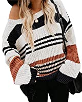 ZESICA Women's Long Sleeve Crew Neck Striped Color Block Casual Loose Knitted Pullover Sweater Tops