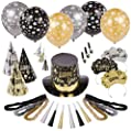 Amscan Black Tie Affair 2021 New Year's Eve Party Kit for 50, Includes Top Hats, Cone Hats and Tiaras