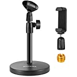 BILIONE 3 in 1 Mul-Function Desktop Microphone Stand, Adjustable Table Mic Stand with Microphone Clip, Cell Phone Clip, 5/8" Male to 3/8" Female Metal Adapter