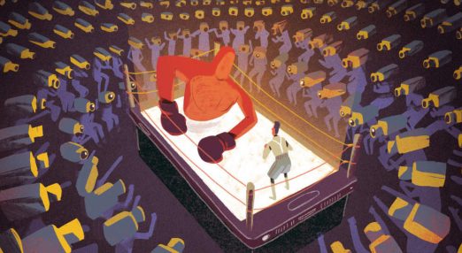 The image shows a big red creature as a boxer and a small human being against it. Both are standing on a smartphone which represents the fighting ring. They are surrounded by an audience whose heads are replaced by CCTV cameras.