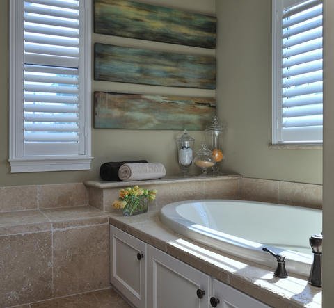 modern bathroom with shutters in Dallas, TX