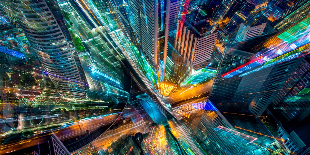 view of a city at night from above