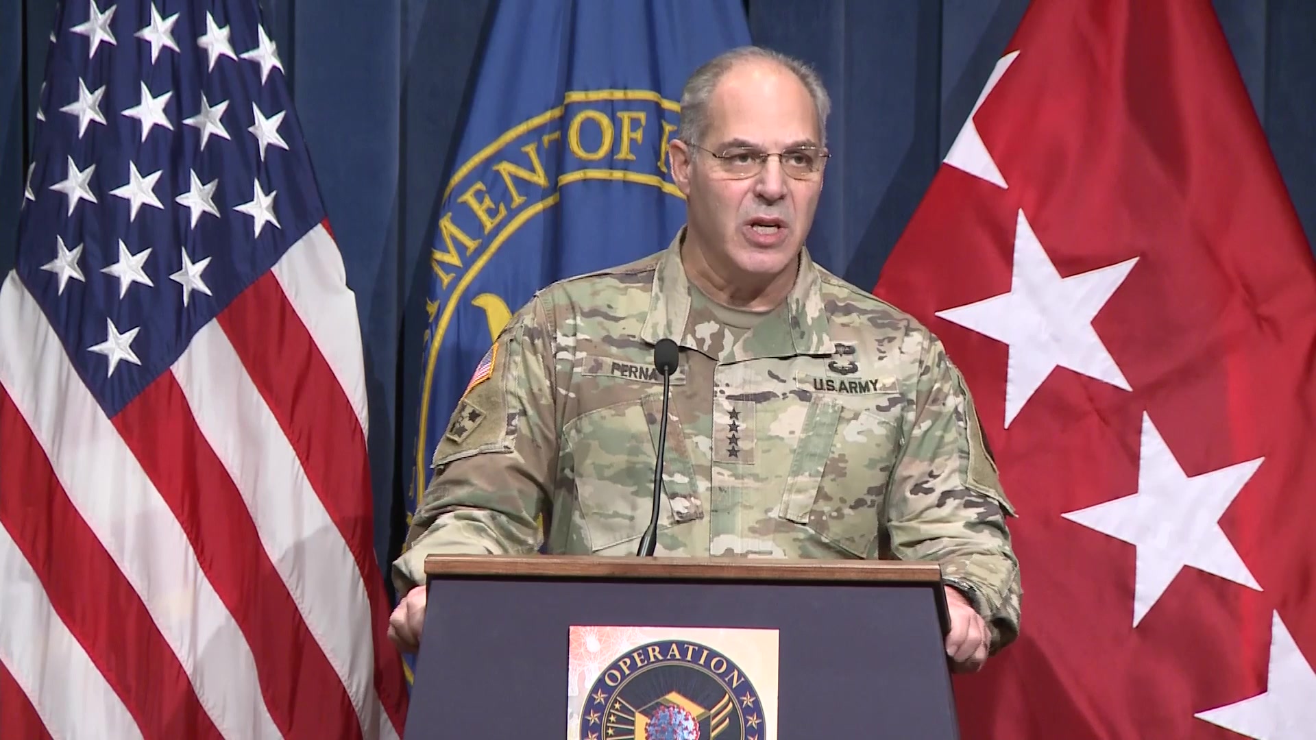 Army Gen. Gus F. Perna, chief operating officer of Operation Warp Speed, briefs the media on Operation Warp Speed and the distribution of the Moderna COVID-19 vaccine, Dec. 19, 2020.