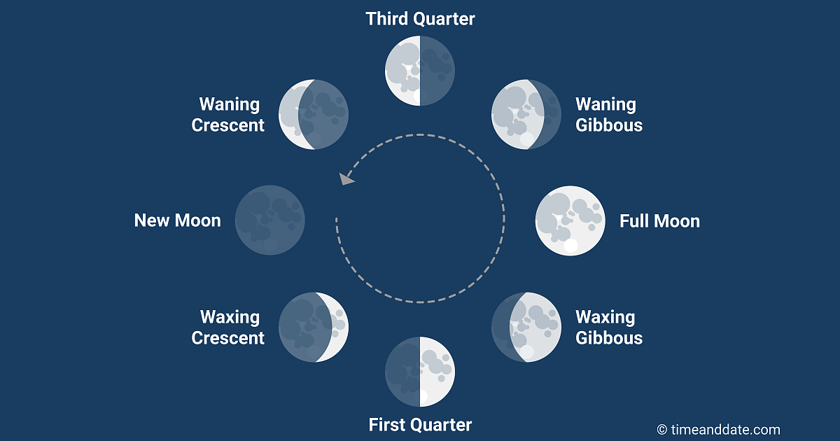 Illustration of the eight phases of the Moon with an arrow showing the order they appear in, seen from Earth.