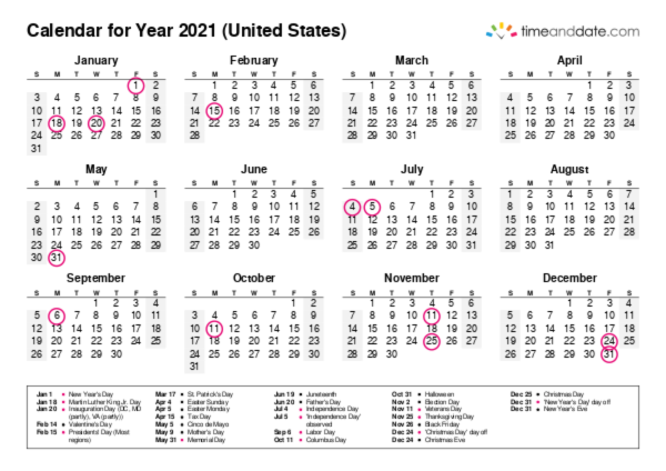 Calendar for 2021 in United States