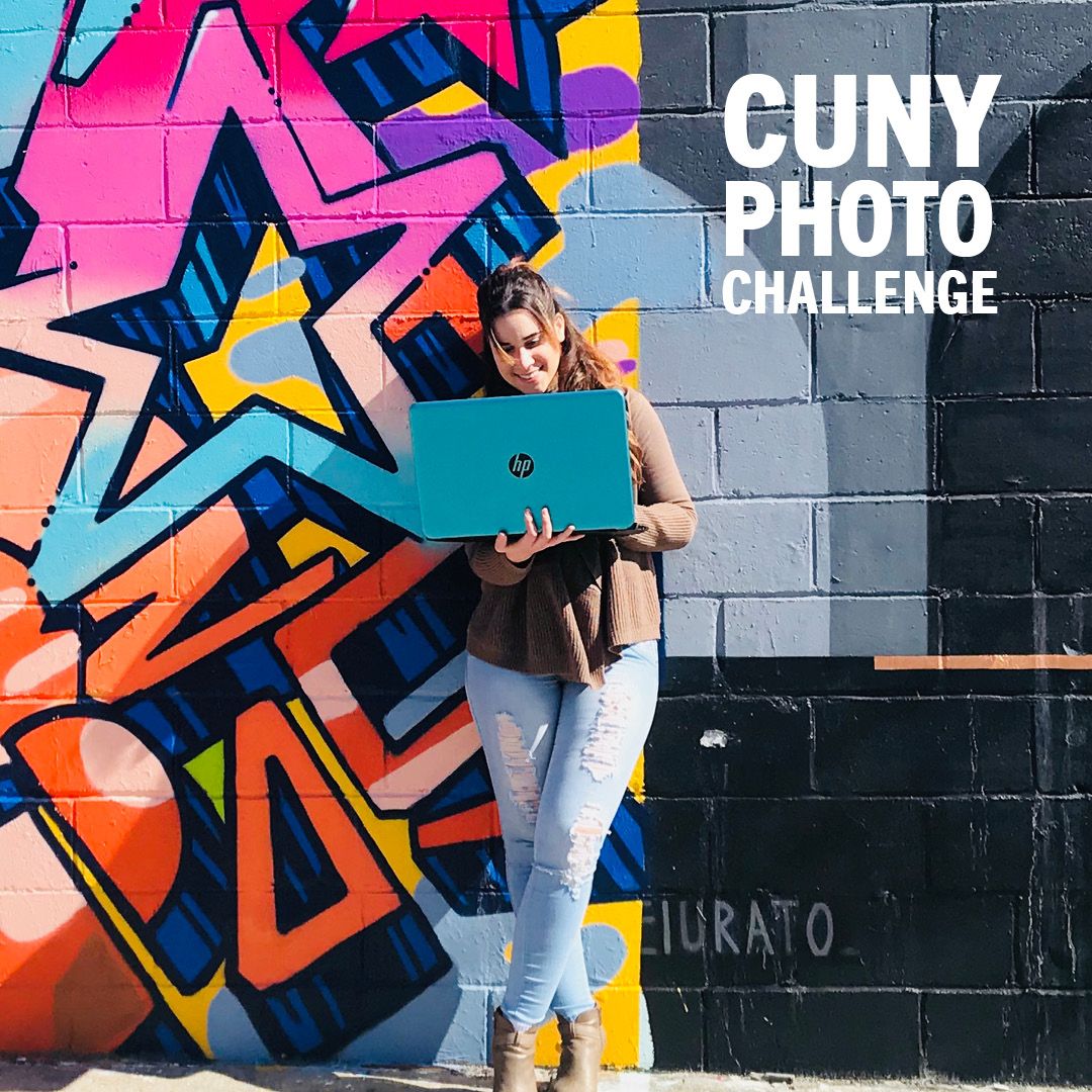 Yerelyn Nuñez, School of Professional Studies. TWO WORLDS COLLIDE. This is a picture showing a visual metaphor of working online students on the go. Image takein in Astoria, Queens. for CUNY Photo Challenge