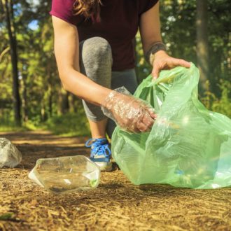 In a forest, a person is putting pieces of plastic trash in a bag.