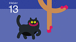 Illustration of black grinning cat with person's legs next to it. Blue background and Friday the 13th written on the top left of the image.