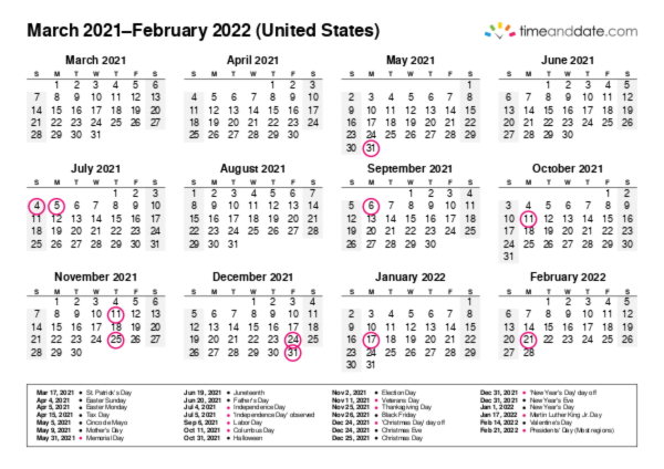 Calendar for 2021 in United States