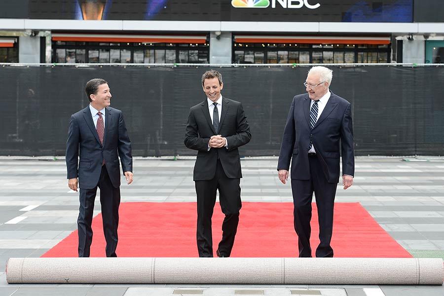 Television Academy CEO Bruce Rosenblum, 66th Emmys host Seth Meyers and show executive producer Don Mischer at this year's Emmy Awards Red Carpet Rollout ceremony at the Nokia Theatre LA LIVE.