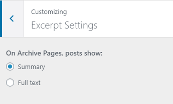 The Customizer Excerpt settings have two radio buttons where you can can choose between summary and full text.