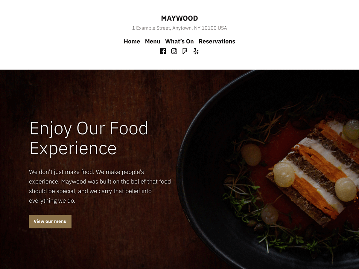 Maywood is a refined theme designed for restaurants and food-related businesses seeking a modern look.