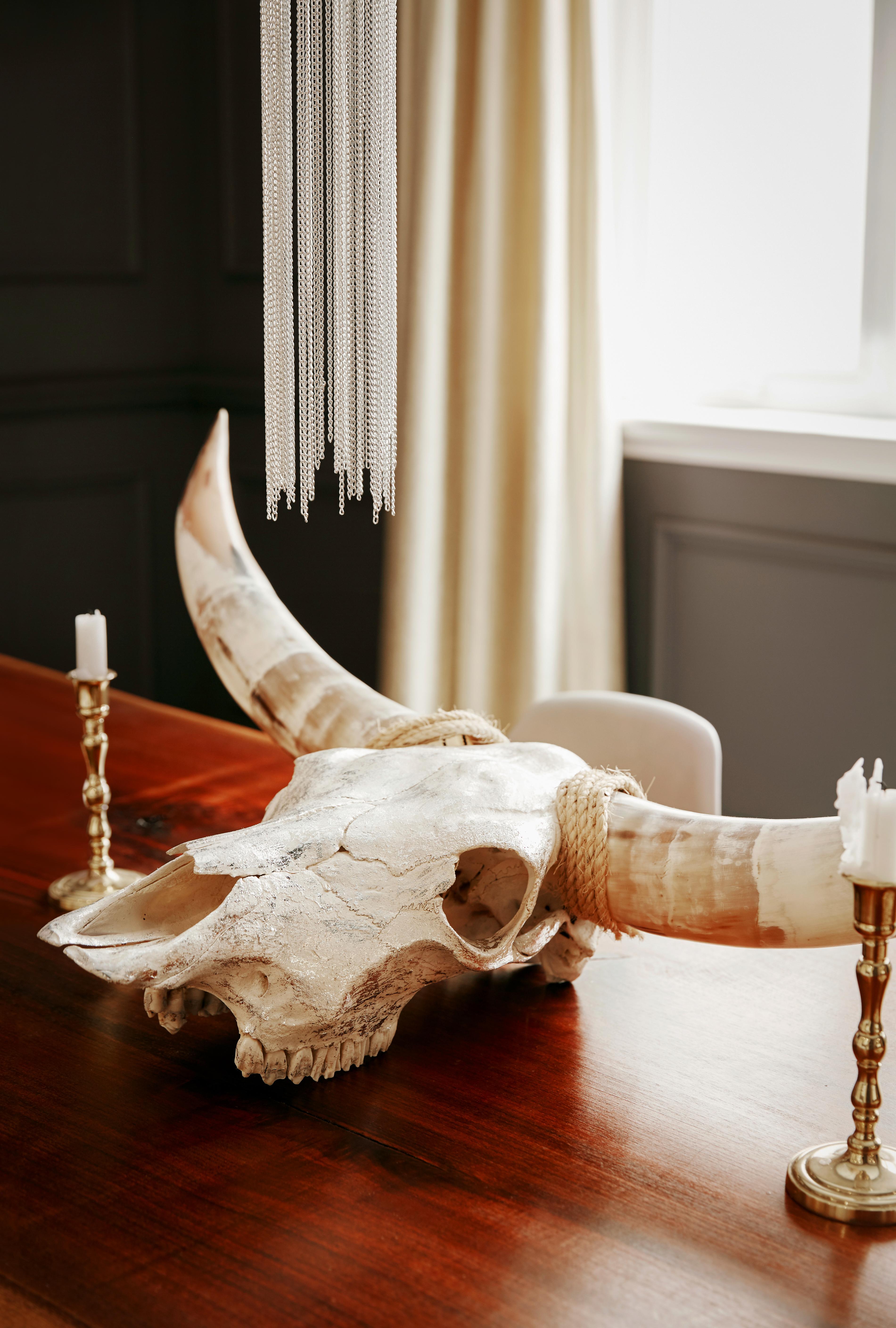 A wooden table with a decorative centerpiece of a cow skull partially wrapped in sisal rope and a pair of half-melted wax candles in brass candlesticks. Hanging just above the skull are several strands of lightweight chainmail, possibly parts of a ceiling light or chandelier. In the backdrop, sunlight streams through the window trimmed by a white curtain.