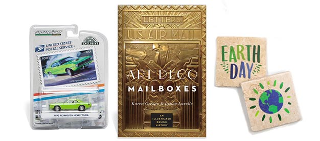 Art Deco Mailboxes book, toy cars, Earth Day coasters available from The Postal Store. 