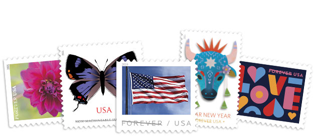 Postage stamps featuring flower, butterfly, US flag, Lunar New Year, and Love designs.