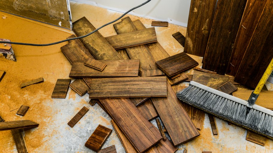 hardwood flooring scraps covered in sawdust