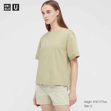 Women U Airism Cotton Oversized Crew Neck T-Shirt, Green, Medium