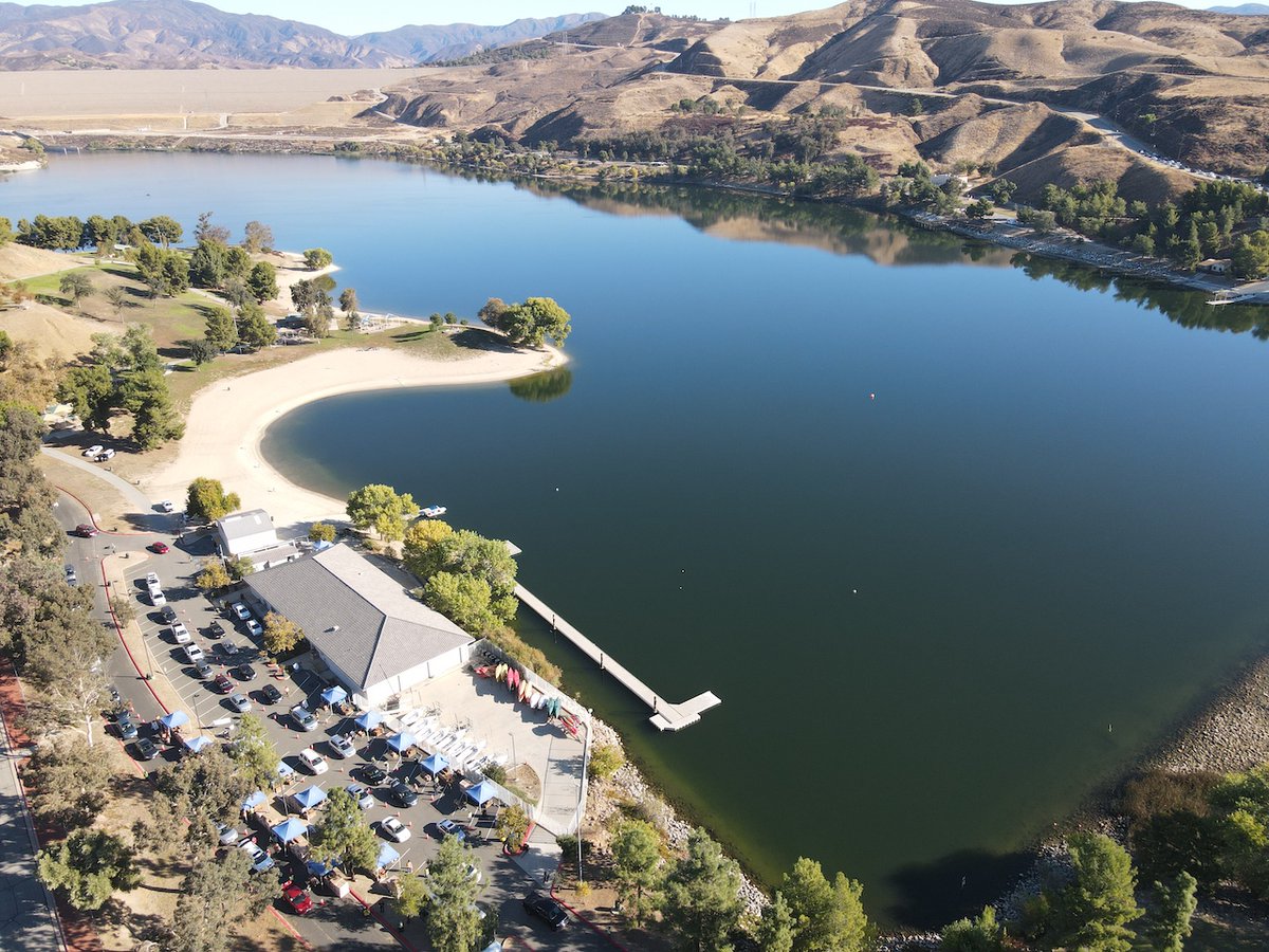 An aerial view of Castaic Lake State Park during a drive through food distribution hosted by the Los Angeles Regional Food Bank.