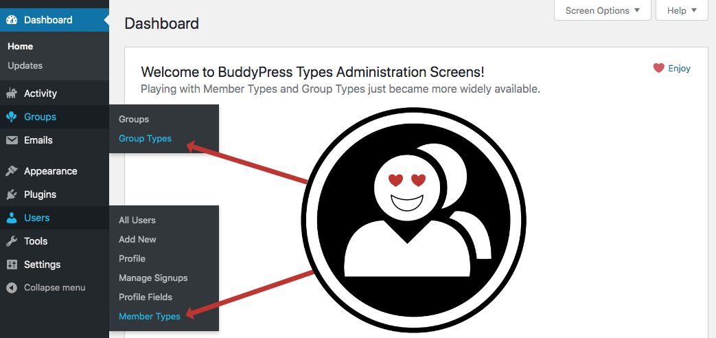 Illustration showing how to access to the BP Types Admin areas.