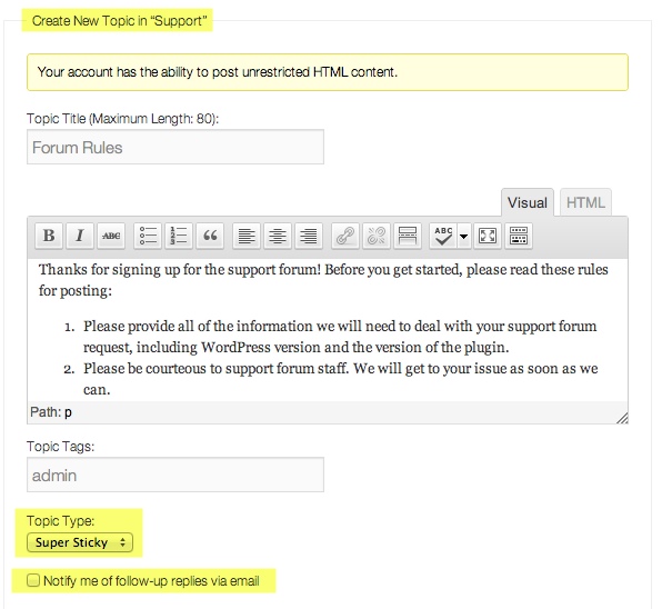 the bbPress topic field on the front end with content added. The topic heading, the post type and the subscription button are highligted