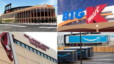 Clockwise from top-left: A parking lot at Citi Field, Photo by chrisswann26/ Flickr; A Kmart sign; photo by JeepersMedia/ Flickr; Amazon trailers parked outside of an Amazon delivery station in Newark, photo by Bloomberg; the former Orange County Register building in Santa Ana, photo by ksablan/ Flickr.