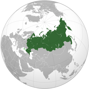 Россия на карте мира. Светло-зелёным обозначена территория Крыма, присоединение которого к России не получило международного признания