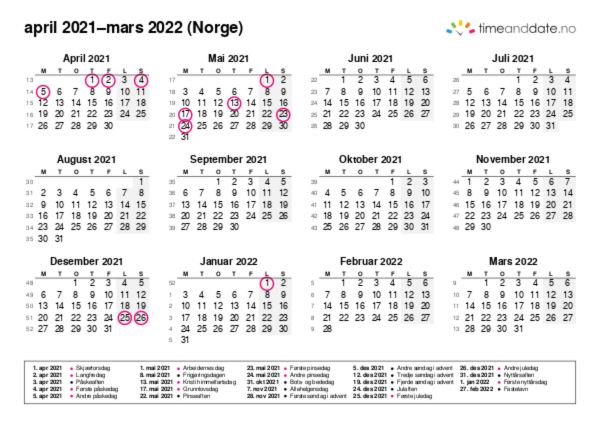 Kalender for 2021 i Norge