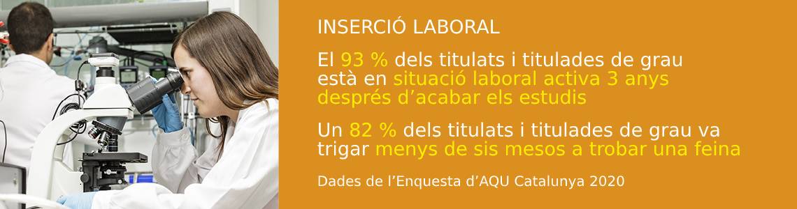 Inserció Laboral. El 93% dels titulats i titulades de grau està en situació laboral activa 3 anys després d'acabar els estudis. Un 86% dels titulats i titulades de grau va trigar menys de sis mesos a trobar una feina. Dades de l'Enquesta d'AQU Catalunya 2017.