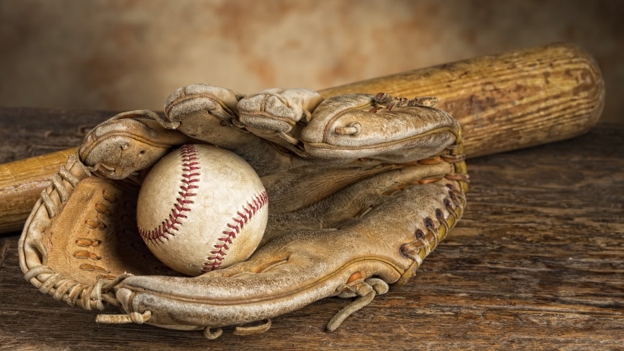 vintage baseball glove, ball and bat