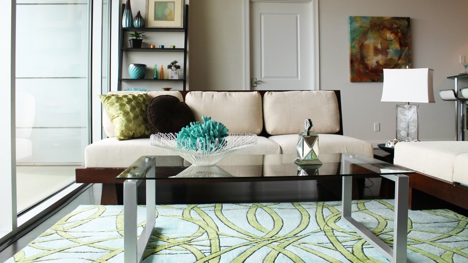 living room furniture and rug by window