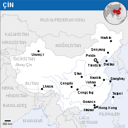 Büyük Çin'deki farklı şehirlerin konumlarını gösteren bir harita (burada Tayvan, Çin'in bir parçası olarak gösterilir)
