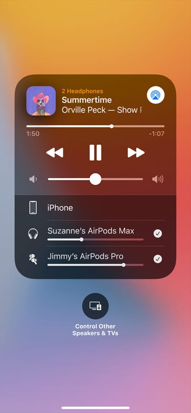 Image shows Audio Sharing card on-screen.