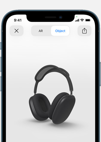 Image shows Space Grey AirPods Max in Augmented Reality screen on iPhone.