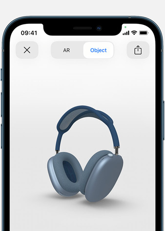 Image shows Sky Blue AirPods Max in Augmented Reality screen on iPhone.