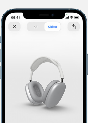 Image shows Silver AirPods Max in Augmented Reality screen on iPhone.