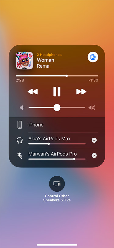 Image shows Audio Sharing card on-screen.