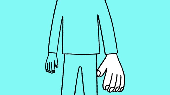 line drawing of person with giant left hand