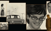 collage of illustrations: woman alone; stacks of cash; truck with birds on wire; sketches of men; Nixon