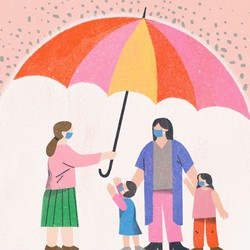 Illustration of a woman holding a giant umbrella over another woman and her two kids. One of the kids is reaching out toward the woman holding the umbrella.