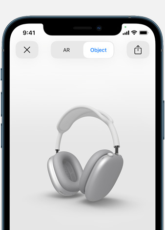 Image shows Silver AirPods Max in Augmented Reality screen on iPhone.