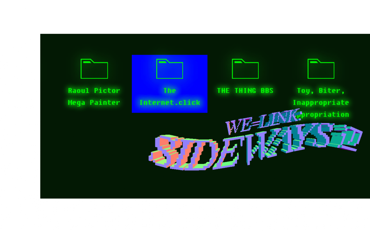 Screenshot der Homepage der Ausstellung »We=Link: Sideways« im Chronus Art Center (CAC) Shanghai. Ein schwarzer Hintergrund mit Desktop-Ordnern und dem Titel in bunten Neon-Farben.
