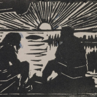 A linocut showing two people sitting in a log cabin with a lakeland landscape and setting sun in the background.