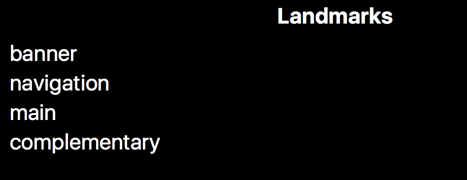 List of aria landmarks in VoiceOver: banner, navigation, main, complementary